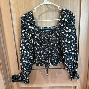 POIUMN large ruched top Women's black floral print ruched‎ sleeves